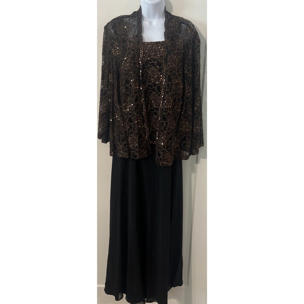 Karen Miller New York 2 Piece Formal Gown Jacket Set Sequin Lace Brown Black 24W